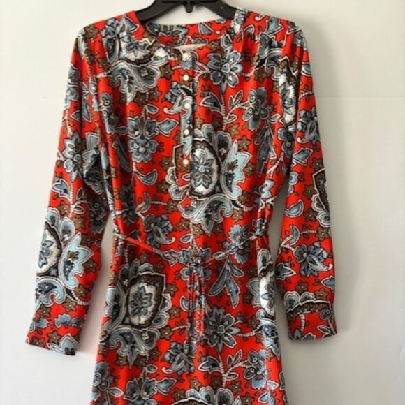 Loft Long Sleeve Orange Blue Paisley Floral Button Tie Front Stretch Dress S - Picture 1 of 9